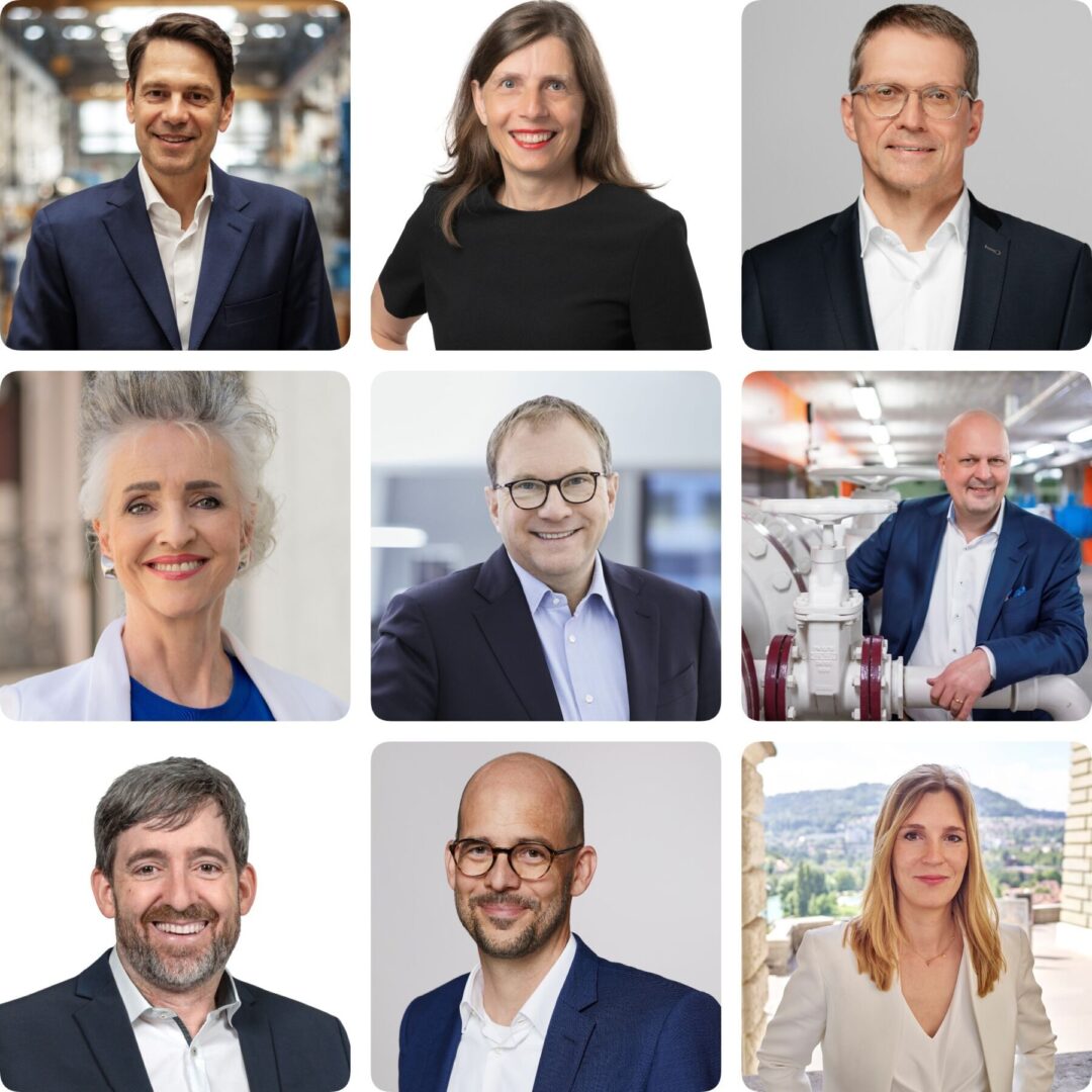 Eine Collage aus neun Porträtfotos von verschiedenen lächelnden Personen in Business-Kleidung.