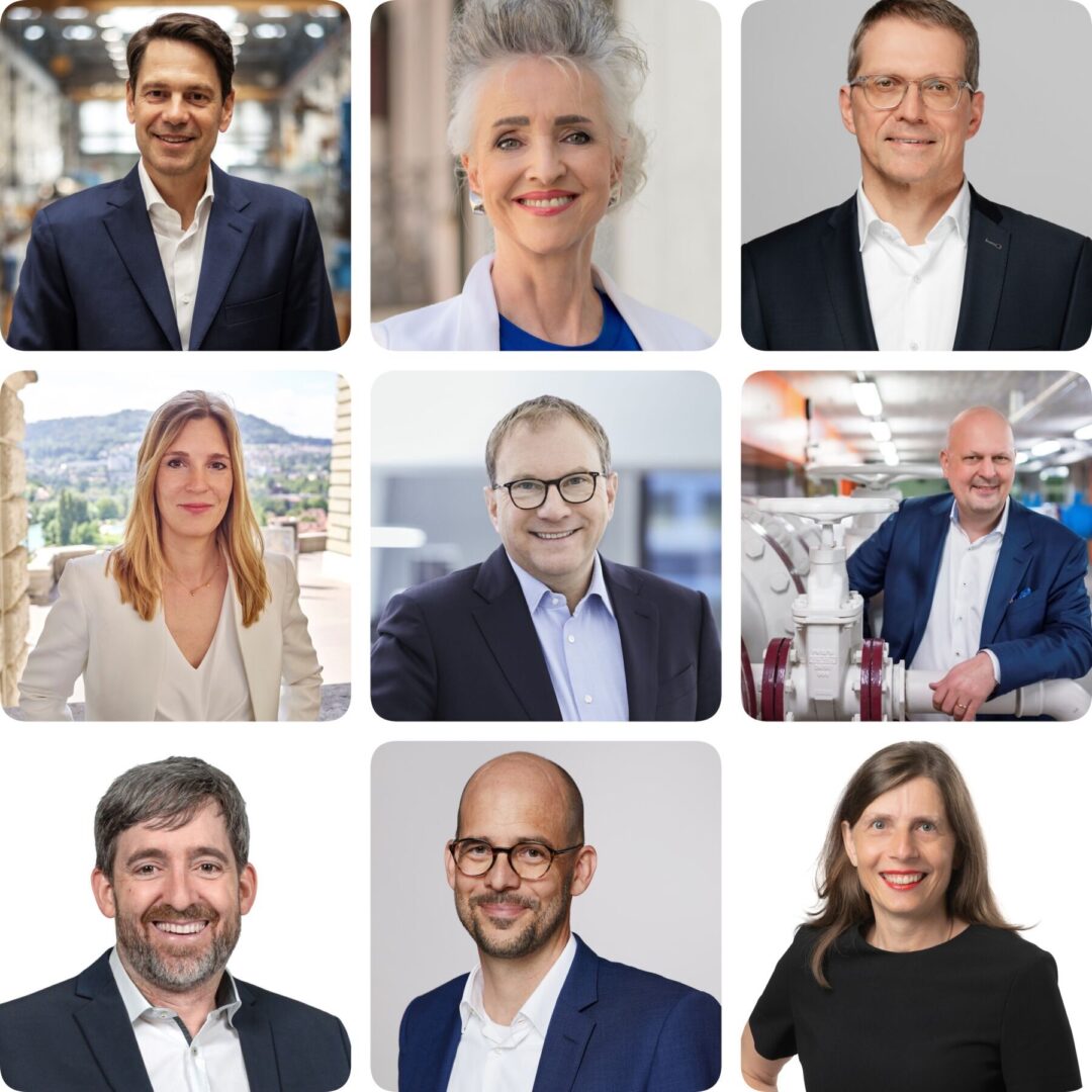 Eine Collage aus neun Porträtfotos von verschiedenen lächelnden Personen in Business-Kleidung.